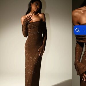 Meshki Marcel Off Shoulder Diamante Maxi Dress - Chocolate